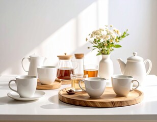 Cozy Tea Setting with White Cups and Fresh Flowers on Sunlit Table