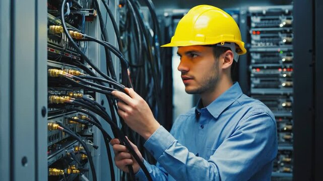 Network Engineer: A dedicated engineer, adorned in a yellow safety helmet, meticulously manages a complex network of cables within a cutting-edge server room.