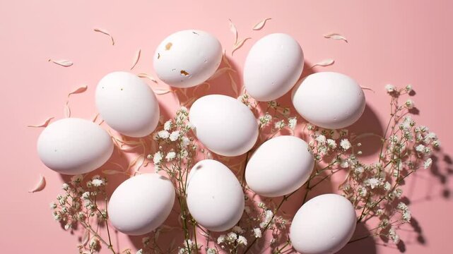 White eggs and tiny flowers on a pink background