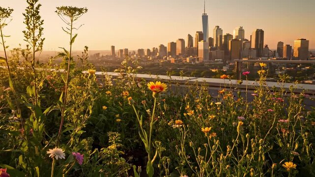 bellissima fiore - A vibrant flower stands tall in a rooftop garden, overlooking a bustling city skyline at sunset, showcasing the beauty of nature amidst urban life