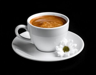 Fresh Brewed Coffee in White Cup with Flower on Black Background