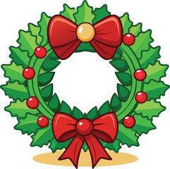 Cartoon Christmas Wreath with Holly Leaves Red Berries and Bows