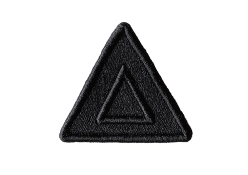 Textured triangular embroidered badge with bold black outline Isolated on a transparent background