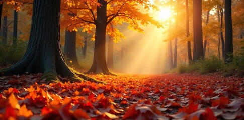 Golden Sunlight Illuminates Autumn Forest Floor A Carpet of Red, Orange, and Yellow Leaves