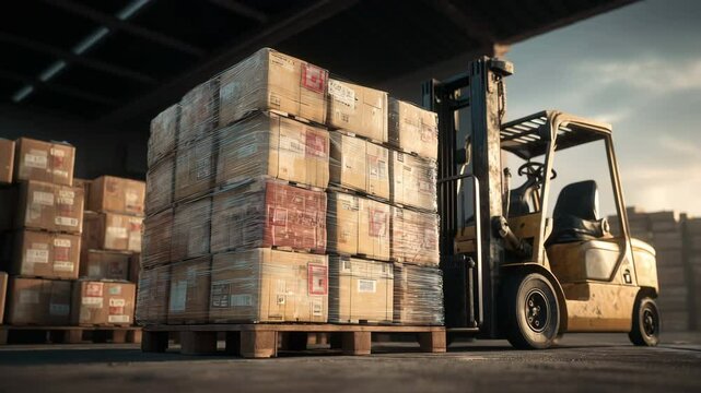 Photorealistic scene tracking a pallet stacked with boxes wrapped in plastic on a forklift, illuminated by soft sunlight, evoking a sense of industriousness and organization in a warehouse setting.
