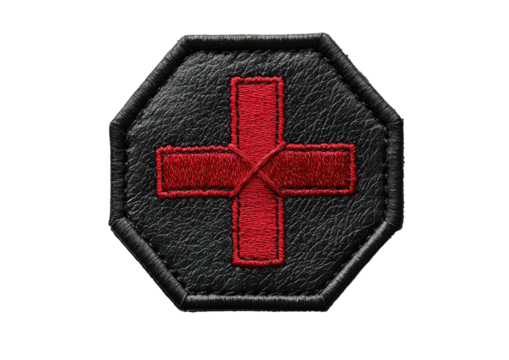 Red medical cross patch in black hexagon shape for first aid themes Isolated on a transparent background