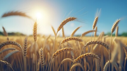 A serene summer wheat field under a clear blue sky, golden wheat gently swaying in the warm sunlight, realistic lighting, soft sun glow, vibrant colors, countryside atmosphere, peaceful and calm mood.
