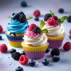 Three cupcakes arranged in a triangular layout on a light, blurred background. Each cupcake is topped with a swirl of frosting and an assortment of fresh berries.