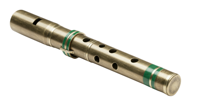 Isolated Brass or Golden Metal Whistle Product Shot with Green Stripes and Finger Holes isolated on Transparent Background