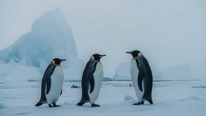 Three emperor penguins standing together on a windswept Antarctic plain. The scene is immersed in soft celeste-blue tones, creating a serene and icy atmosphere.