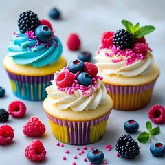 Three cupcakes arranged in a triangular layout on a light, blurred background. Each cupcake is topped with a swirl of frosting and an assortment of fresh berries.
