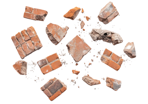 Broken bricks and smoke debris flying around isolated on transparent background