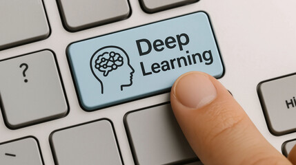 Artificial intelligence deep learning concept with brain icon on keyboard button representing neural network and automation technology in computing environment