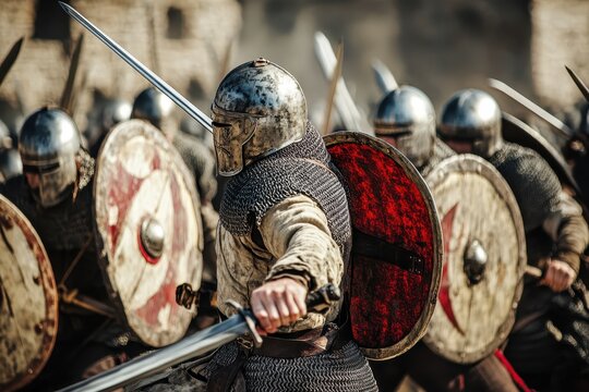 Warriors engage in intense sword and shield battle on the medieval battlefield during a historical re enactment, Fighting with swords and shields
