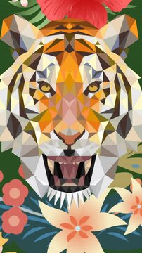 Animation of colourful foliage parting to reveal tiger, on green background