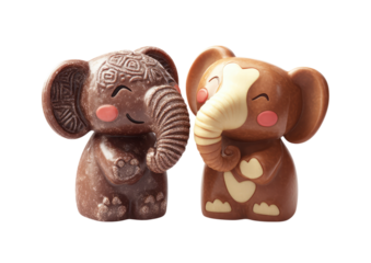 Pair of chocolate elephants in cartoon style sculpture design Isolated on a transparent background