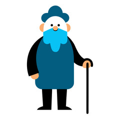 Stylized cartoon of an elderly person with a blue beard and a cane