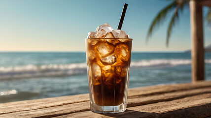 Iced coffee in a clear glass with ice cubes, placed on a rustic wooden table by the beach. Background with softly blurred ocean waves under warm sunlight. No people, no text. Summer tropical vibe.