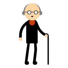 Stylized cartoon of a senior man with glasses and a cane standing