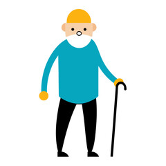 Stylized cartoon illustration of an elderly man with a white beard and cane