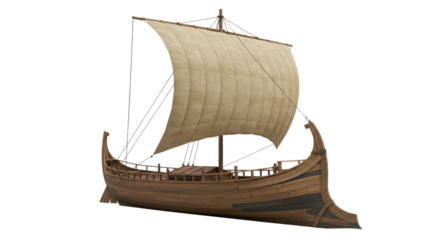 Ancient wooden sailing ship with single square sail isolated on white