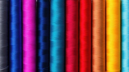 A vibrant array of colorful sewing threads neatly arranged in spools, showcasing various hues