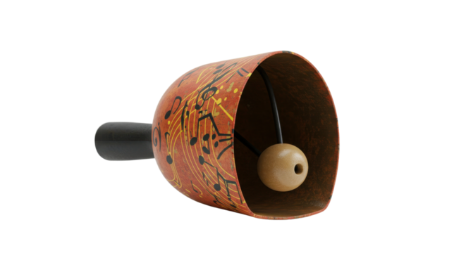 Hand Painted Reddish Metal Cowbell with Musical Notes Design and Wooden Clapper isolated on Transparent Background