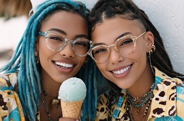 two happy Black women with blue and green dreadlocks eating ice cream cones. One woman is holding a cone up to the camera lens
