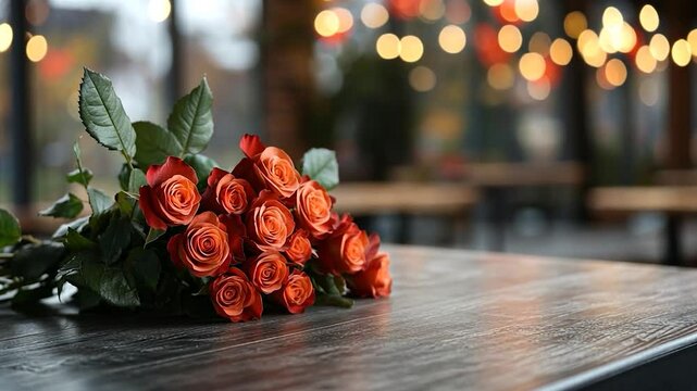 Lush red roses with vibrant green leaves lie gracefully on a textured gray table, under soft bokeh lights. The flowers stand out against the muted backdrop, evoking a sense of warmth and intimacy