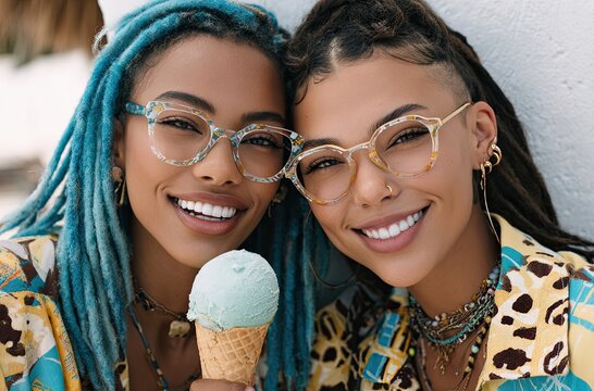 two happy Black women with blue and green dreadlocks eating ice cream cones. One woman is holding a cone up to the camera lens