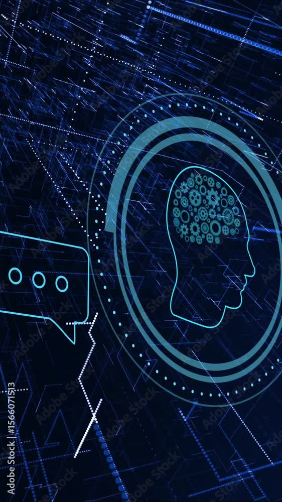 Wall mural animation of human brain and ai data processing over black background