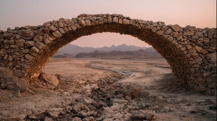 Ancient Stone Arch Bridge in Desert at Sunset