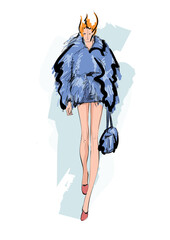 Beautiful young girl in stylish clothes. Fashion woman look. Sale concept. Hand-drawn fashion illustration. Cute girl in fashion clothes. 