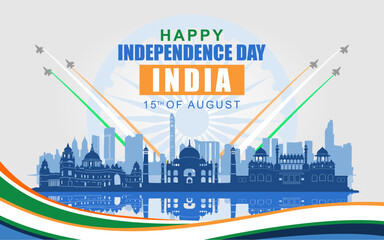 happy independence day india 2025 with silhouette of famous landmarks of india and fighter jets. Best for card, poster, banner and social media.