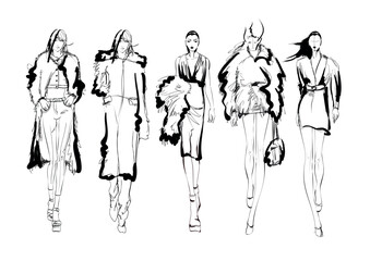 Set of young beautiful women in stylish clothes. Fashion sketch.
