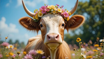 bright, sunny day. Adorable mature cow with a crown of wild flowers on its head. Happiness in the summer. Peace in the animal kingdom during the summer. In a field of flowers, a gentle giant. In the w