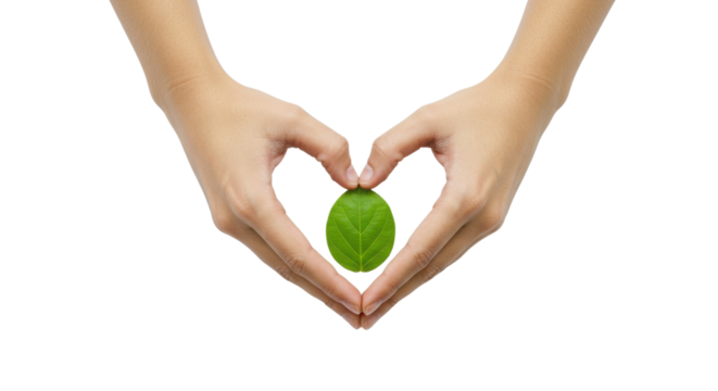 Woman's hands forming a heart shape holding a small green leaf isolated on Transparent Background