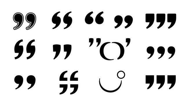 Various quotation marks are displayed in different styles, punctuation symbols for educational and graphic design projects, silhouette