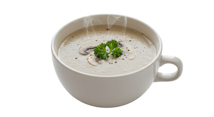 Hot Creamy Mushroom Soup Steaming in a White Cup Garnished with Parsley Product Shot isolated on Transparent Background