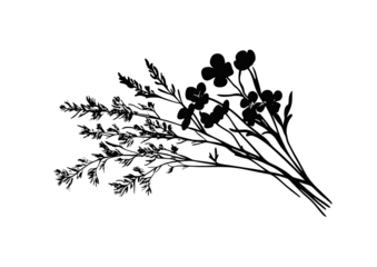 Elegant wildflower bouquet sketch in black silhouette design Isolated on a transparent background