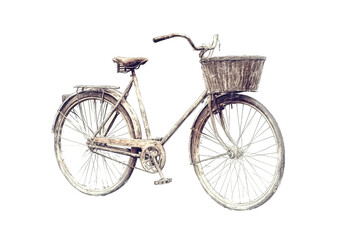 Vintage bicycle sketch with front basket in outlined silhouette Isolated on a transparent background