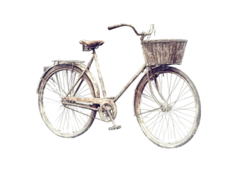Vintage bicycle sketch with front basket in outlined silhouette Isolated on a transparent background