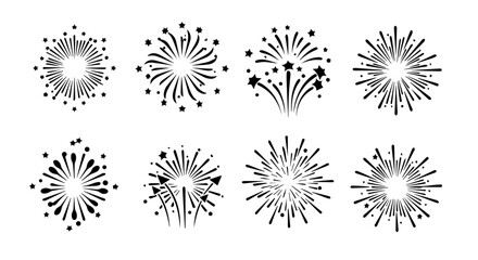 Celebration bursts with eight stylish black and white firework designs, ideal for festive event decoration or artistic graphic elements, silhouette