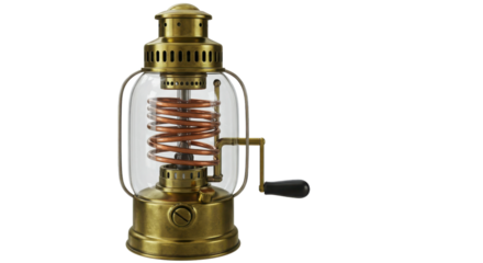 Vintage brass hand crank lantern with exposed copper coil on white background