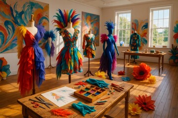 Fashion designer creating colorful carnival costumes with feathers and beads in atelier