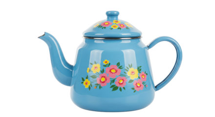 Blue enamel floral teapot isolated on white background