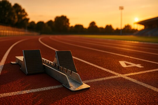 Starting blocks on track and field running lane at sunset