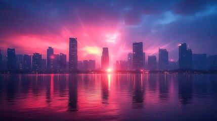 Fototapeta premium Colorful city skyline at sunrise over water