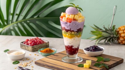 Vibrant layered dessert with tropical fruits and purple yam