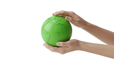 Hands holding green globe model on white background
